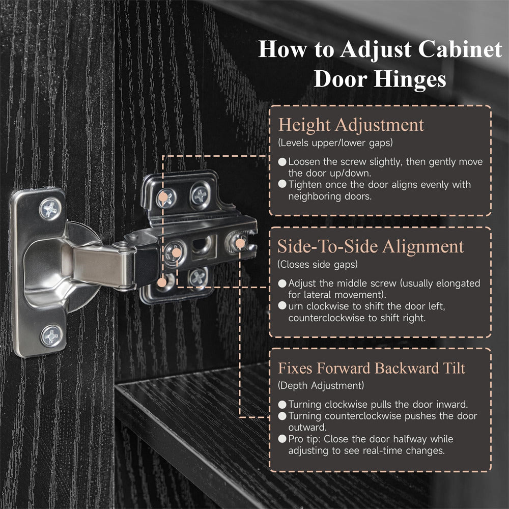 Diagram showing how to adjust cabinet door hinges with text instructions on a black background.