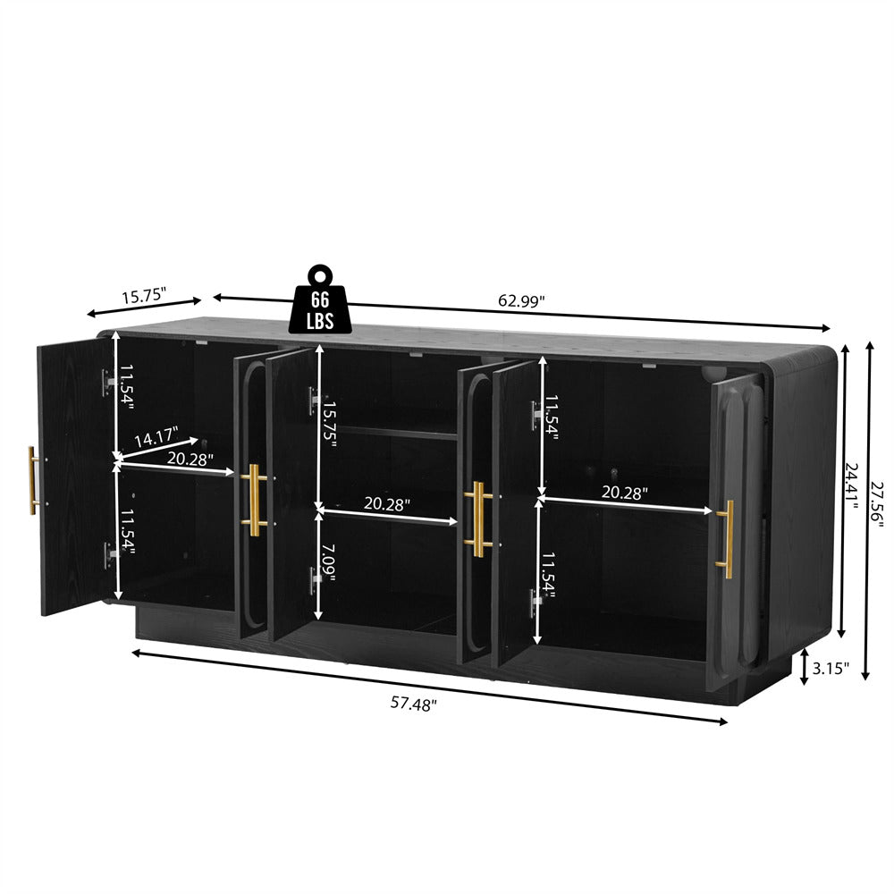 Black sideboard with gold handles and measurements on a white background