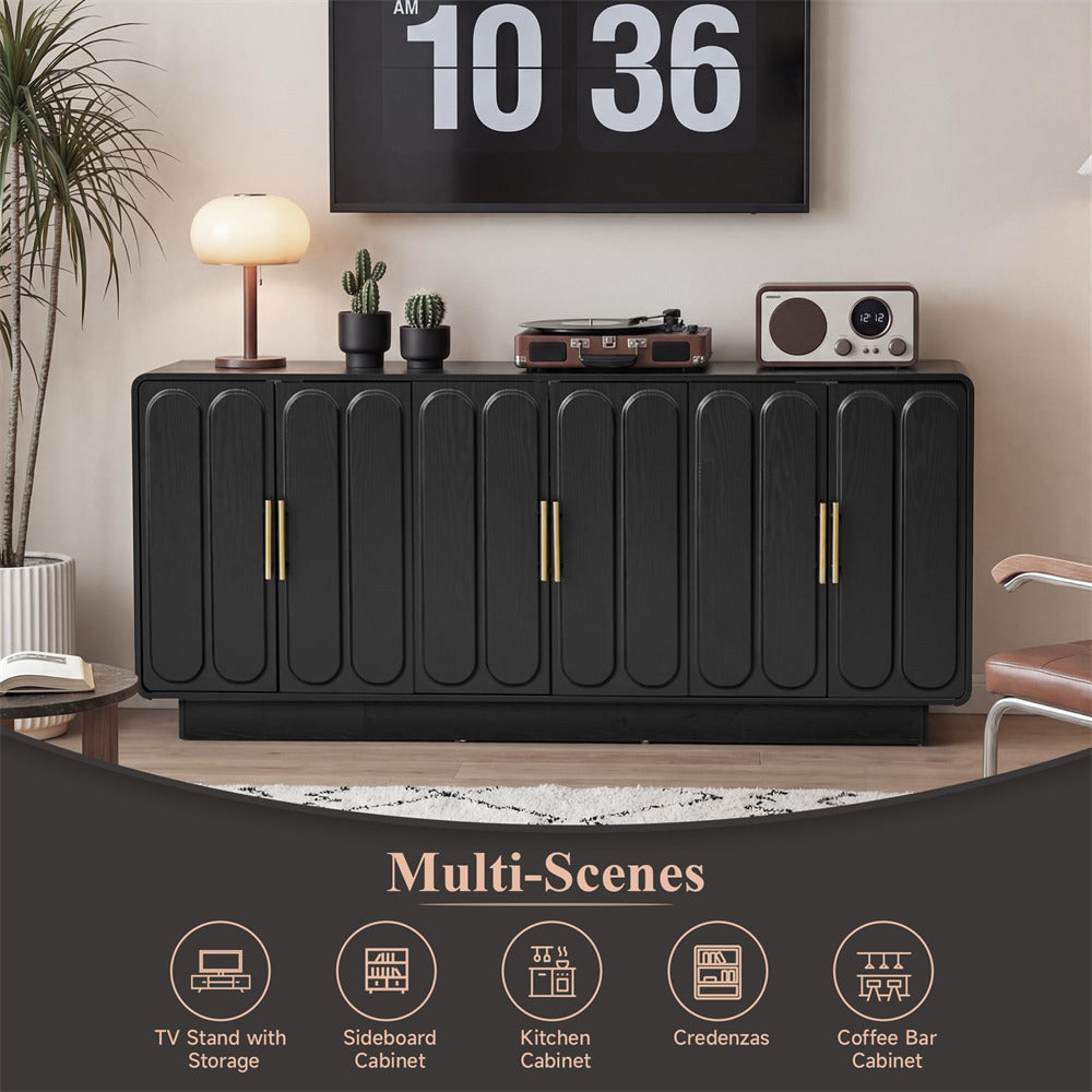 Black sideboard with decorative items in a room setting, featuring text 'Multi-Scenes' and icons.