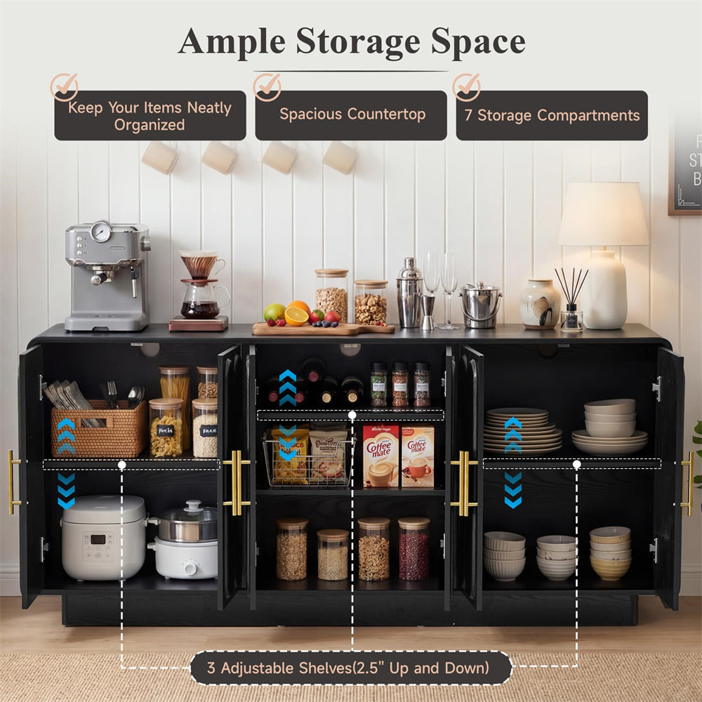 Black kitchen cabinet with open doors displaying various kitchen items and storage compartments.