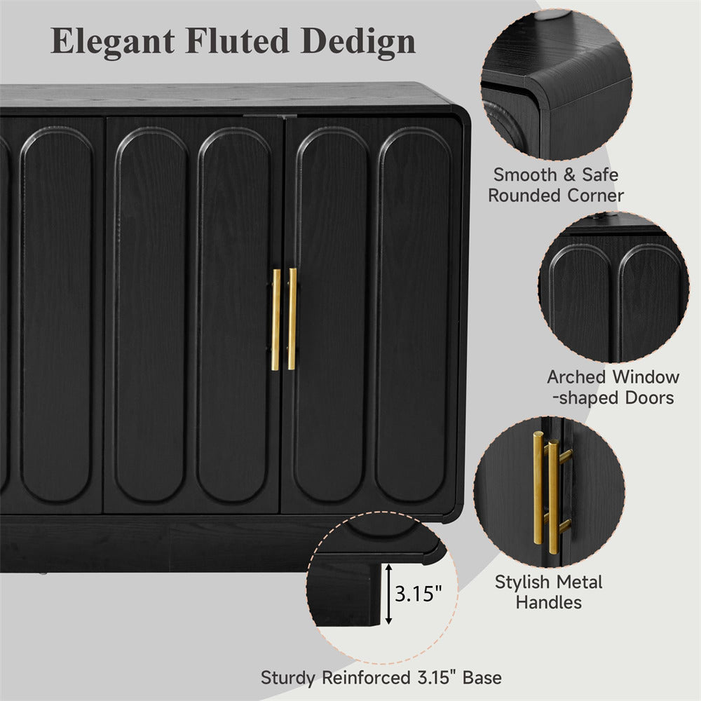 Black cabinet with fluted design, rounded corners, arched window-shaped doors, and stylish metal handles on a gray background.