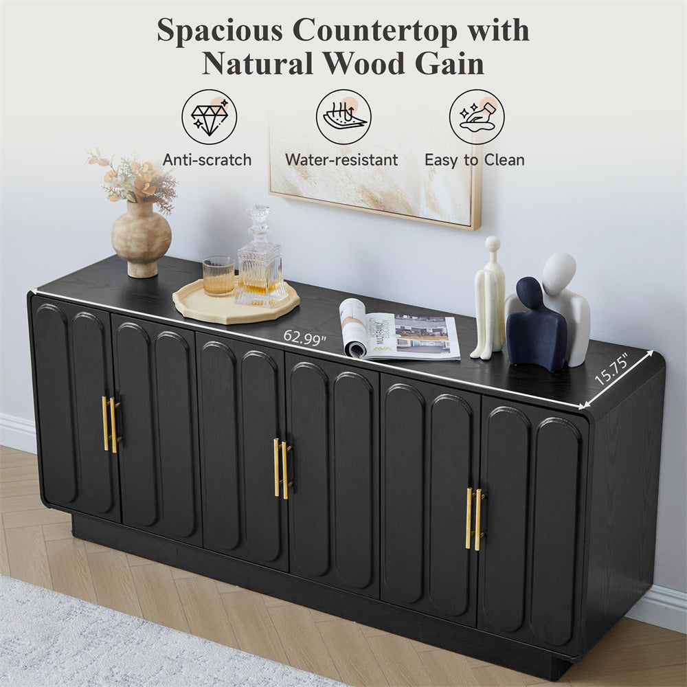Black cabinet with decorative items on a white background