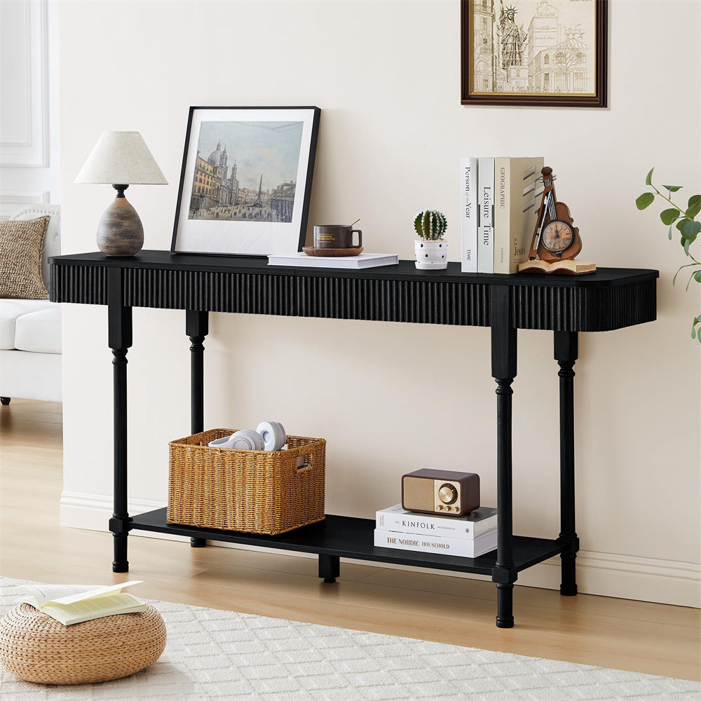 Black 63" console table with decorative items in a living room setting