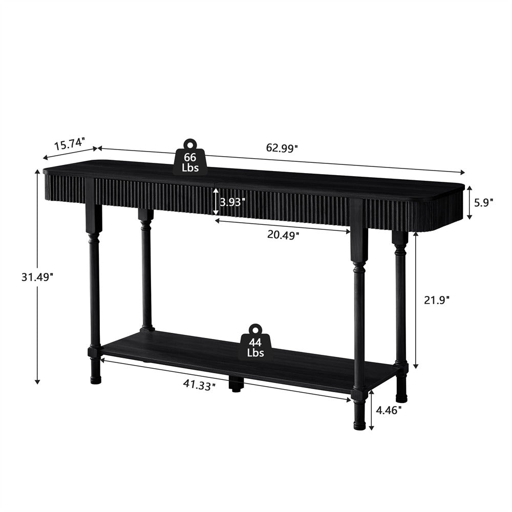 Black 63" console table with measurements on a white background
