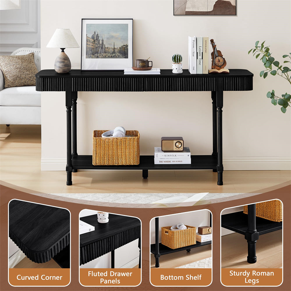 Black 63" console table with decorative items in a living room setting