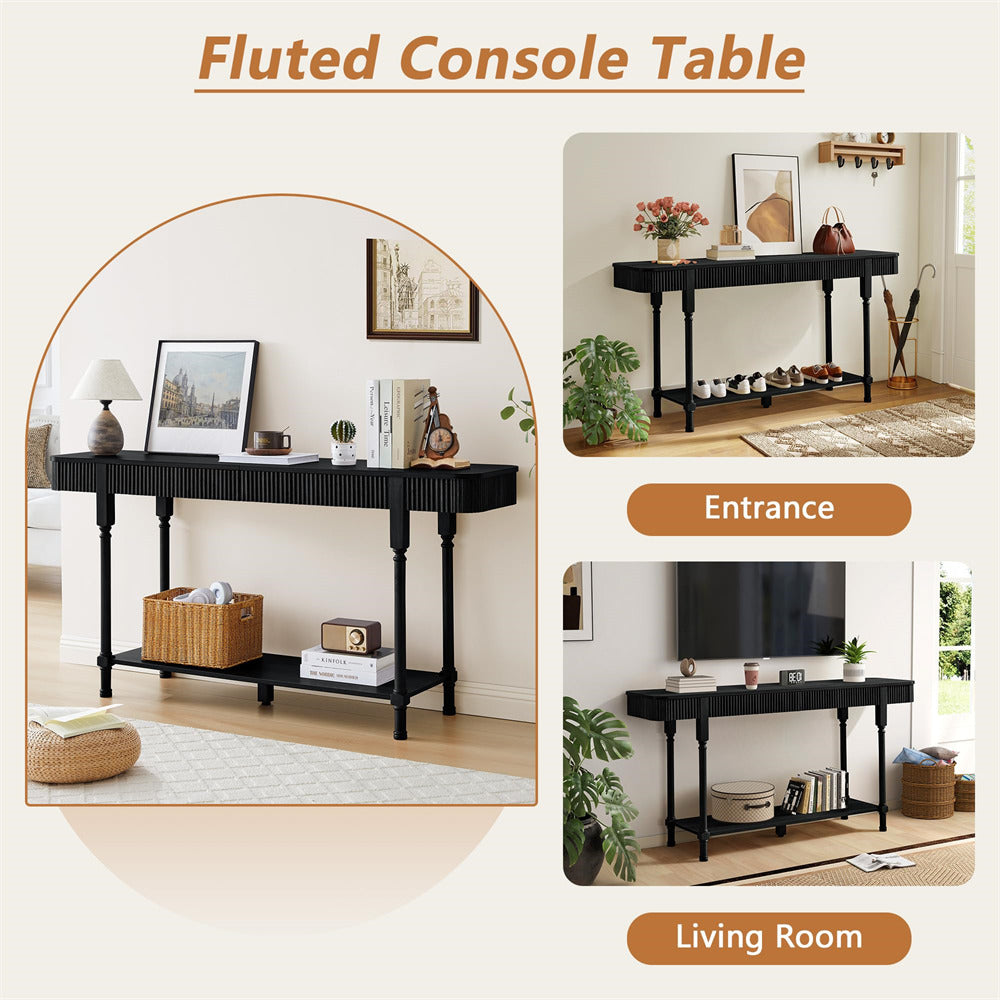 Fluted 63" console table shown in different settings including entrance and living room.