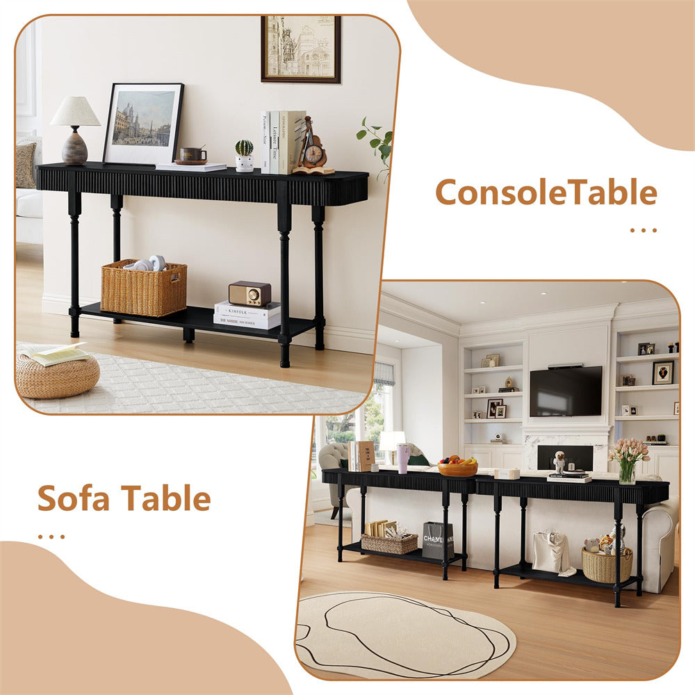63" Console table and sofa table in a living room setting with decorative items.