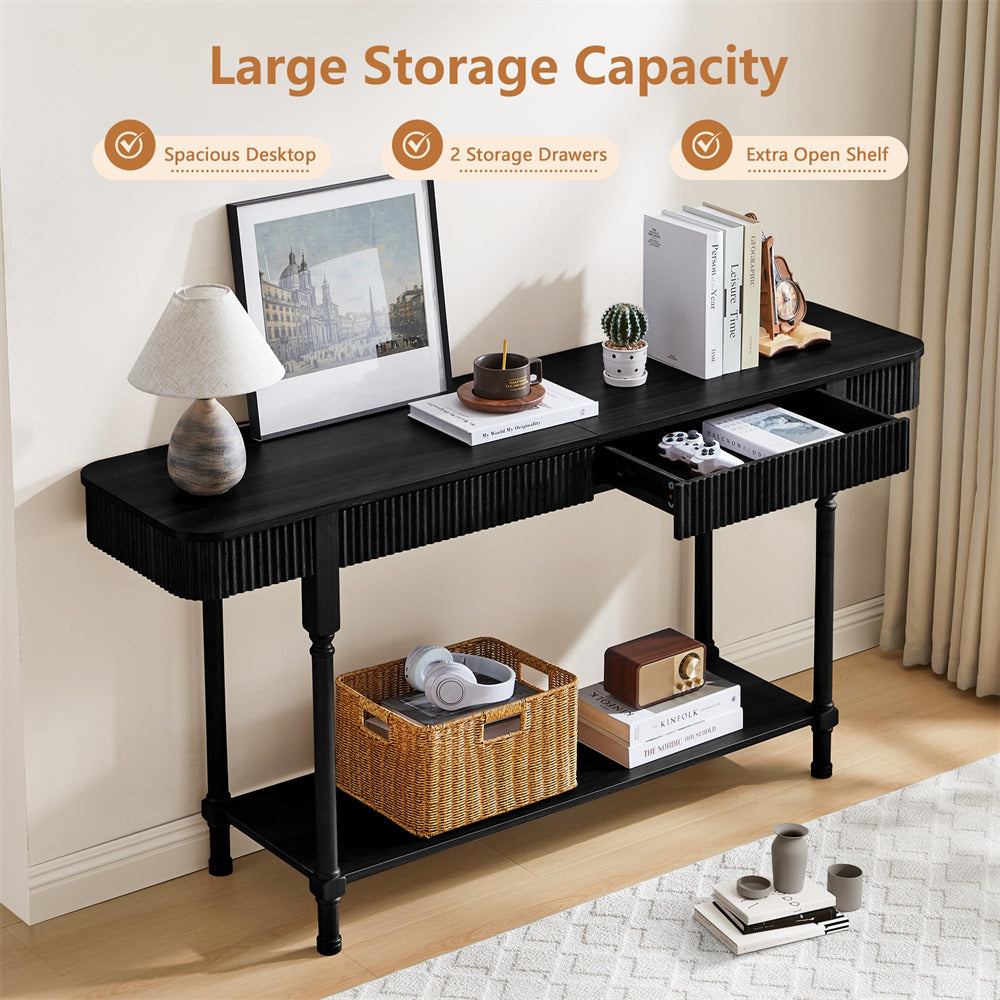 Black L-shaped desk with storage drawers and open shelf in a room setting.
