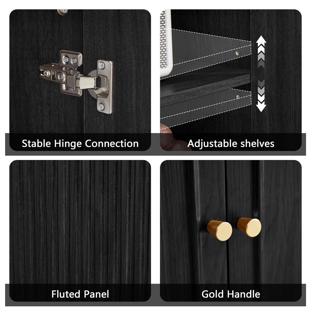 Collage of a wooden cabinet with stable hinge connection, adjustable shelves, fluted panel, and gold handle.