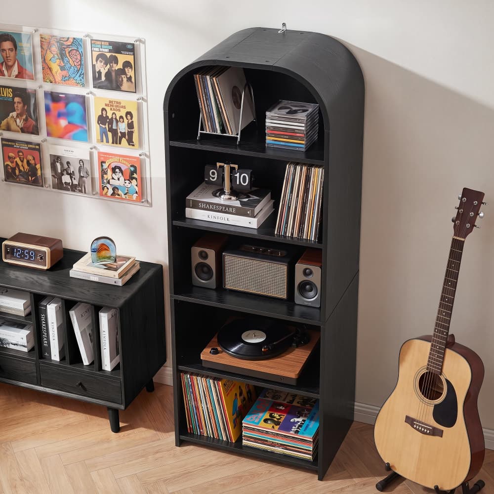Black 63'' Tall 5 Tier Large Record Player Stand Storage Cabinet with Adjustable Shelves
