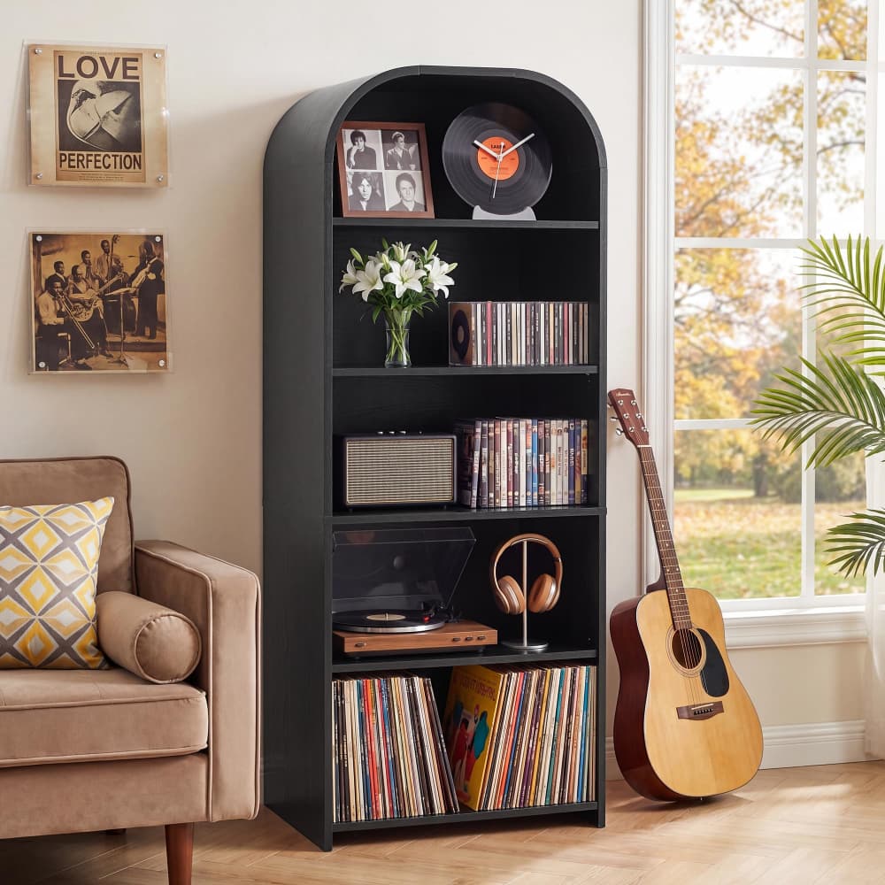 Black 63'' Tall 5 Tier Large Record Player Stand Storage Cabinet with Adjustable Shelves