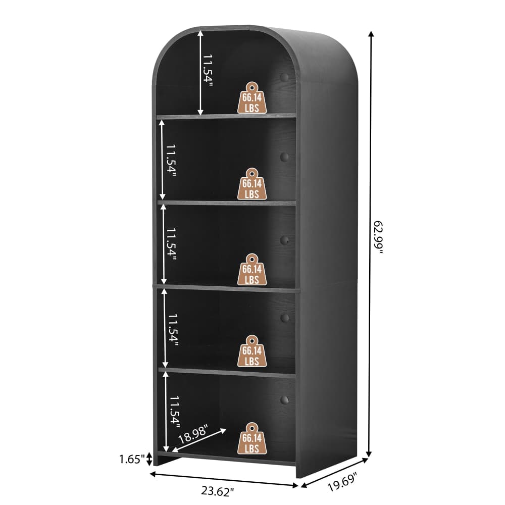 Black wooden 5-shelf bookcase with arched top, shown with dimension annotations on a white background.