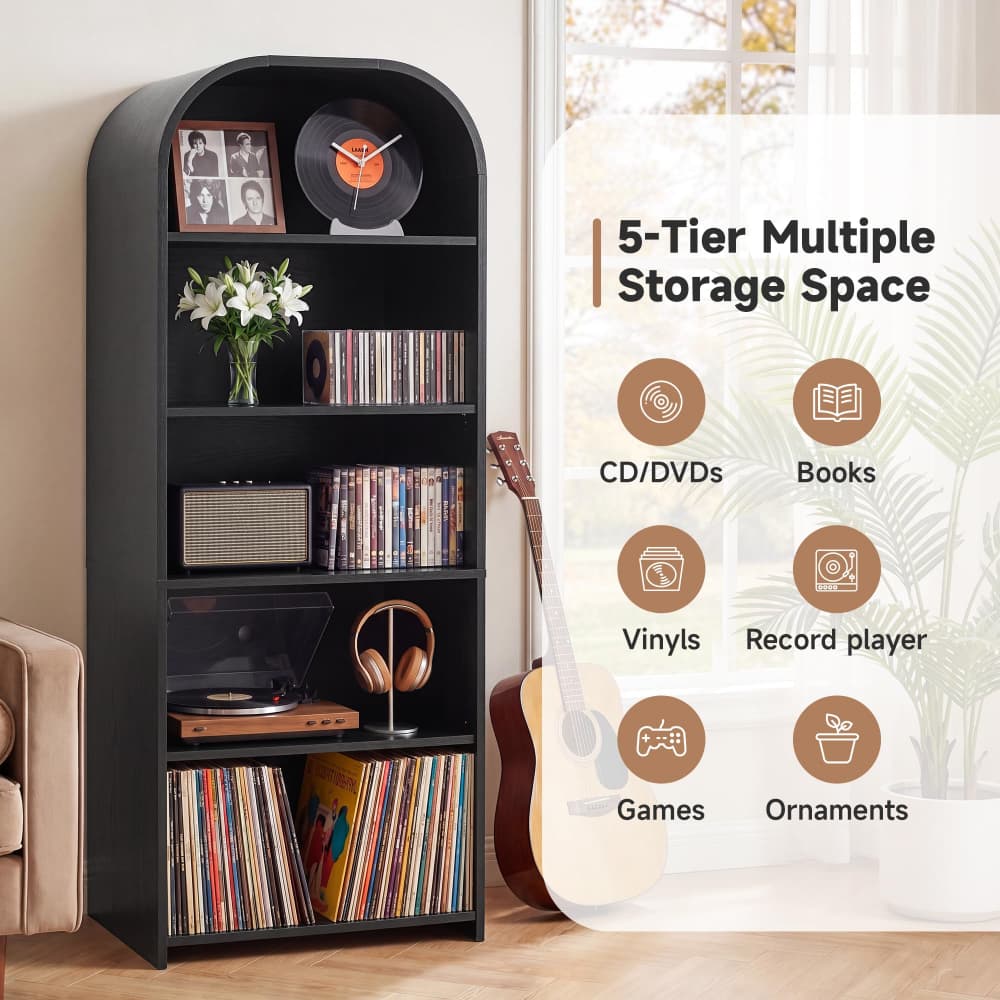 Black 63'' Tall 5 Tier Large Record Player Stand Storage Cabinet with Adjustable Shelves