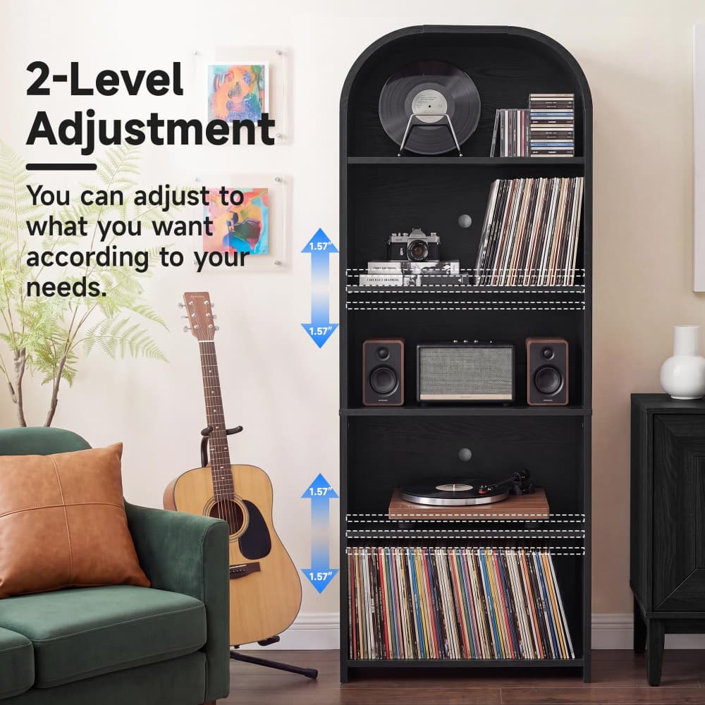 Black 63'' Tall 5 Tier Large Record Player Stand Storage Cabinet with Adjustable Shelves