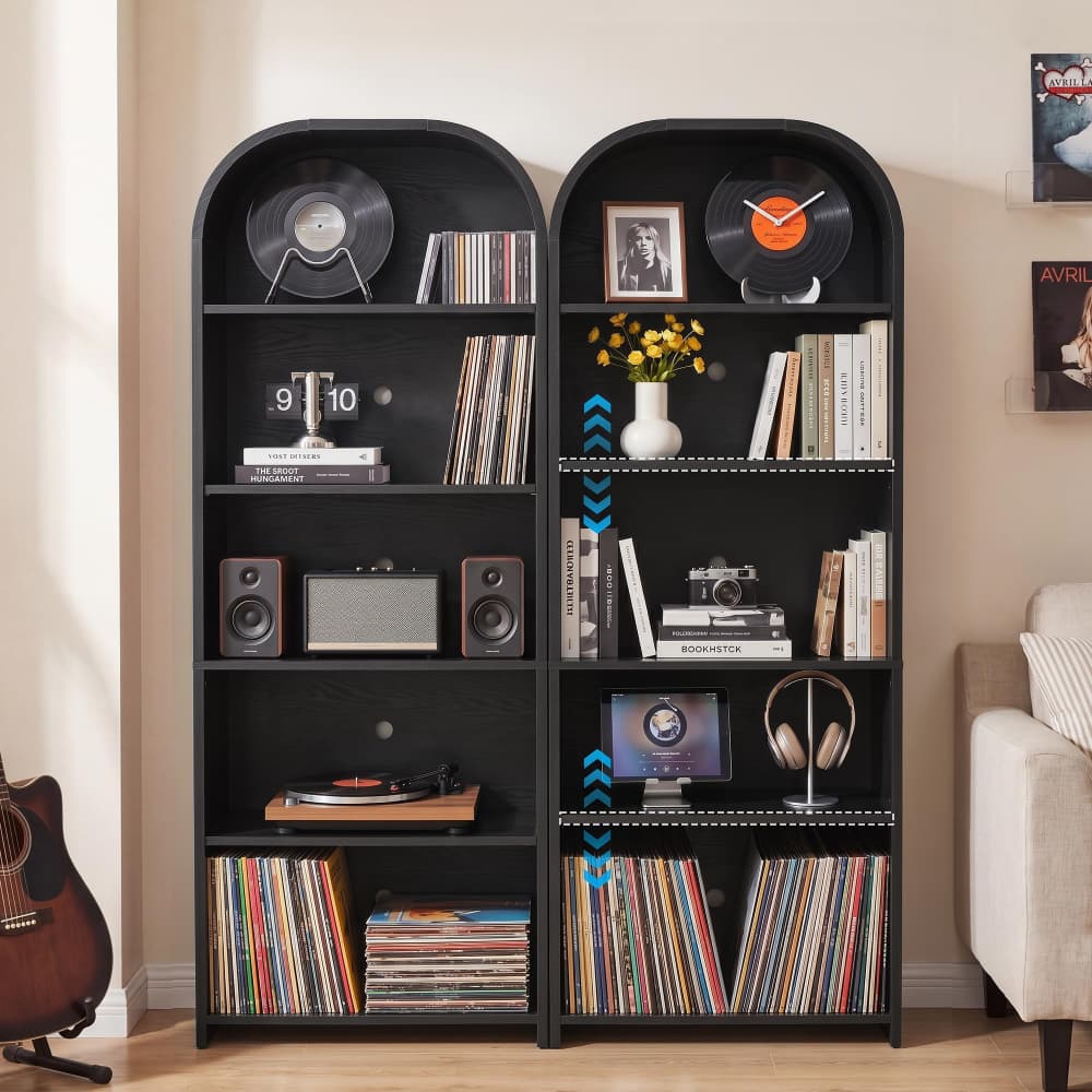 Black 63'' Tall 5 Tier Large Record Player Stand Storage Cabinet with Adjustable Shelves