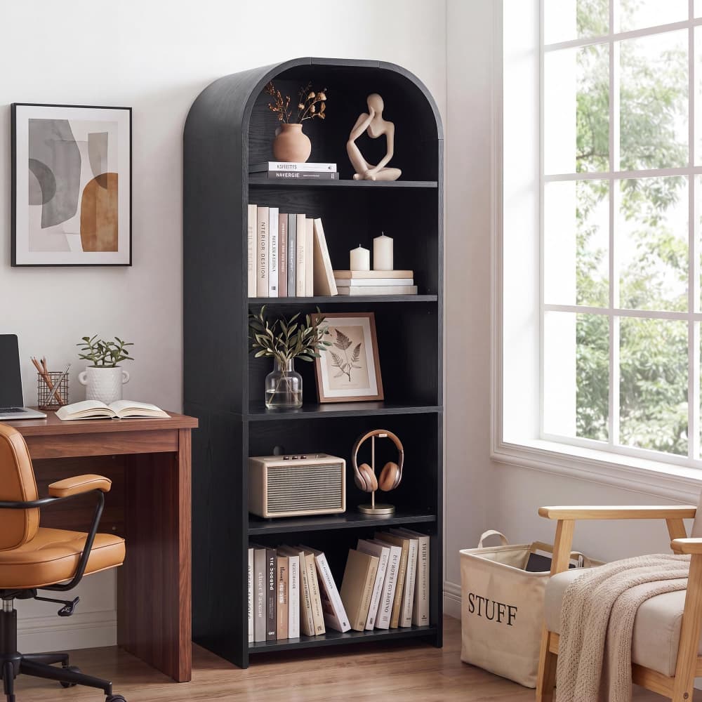 Black 63'' Tall 5 Tier Large Record Player Stand Storage Cabinet with Adjustable Shelves