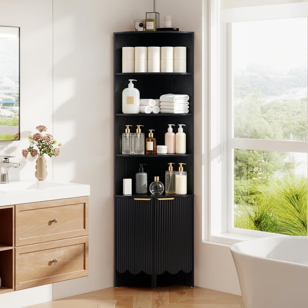 Black 67'' Tall Modern Wooden Fluted Corner Storage Cabinet with Doors