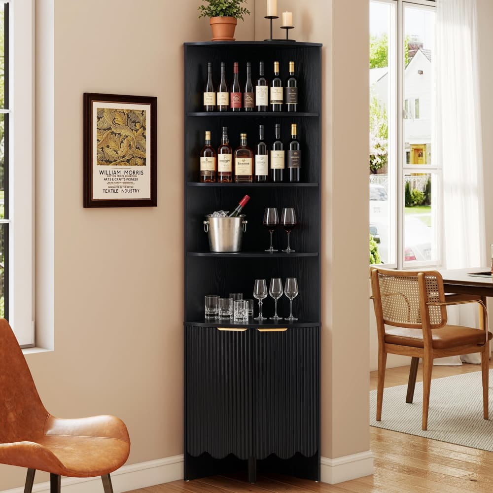 Black 67'' Tall Modern Wooden Fluted Corner Storage Cabinet with Doors
