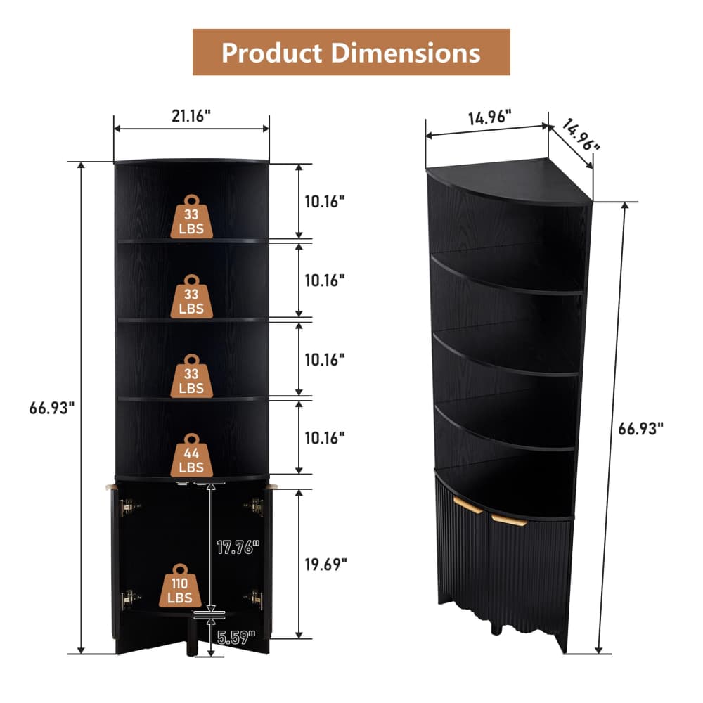 Black 67'' Tall Modern Wooden Fluted Corner Storage Cabinet with Doors