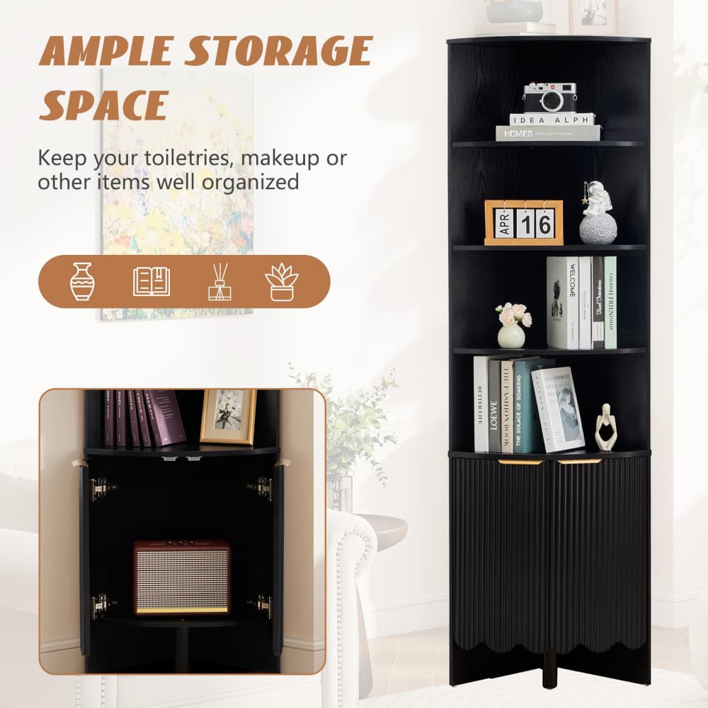 Black 67'' Tall Modern Wooden Fluted Corner Storage Cabinet with Doors