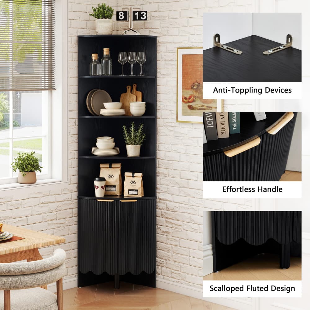 Black 67'' Tall Modern Wooden Fluted Corner Storage Cabinet with Doors