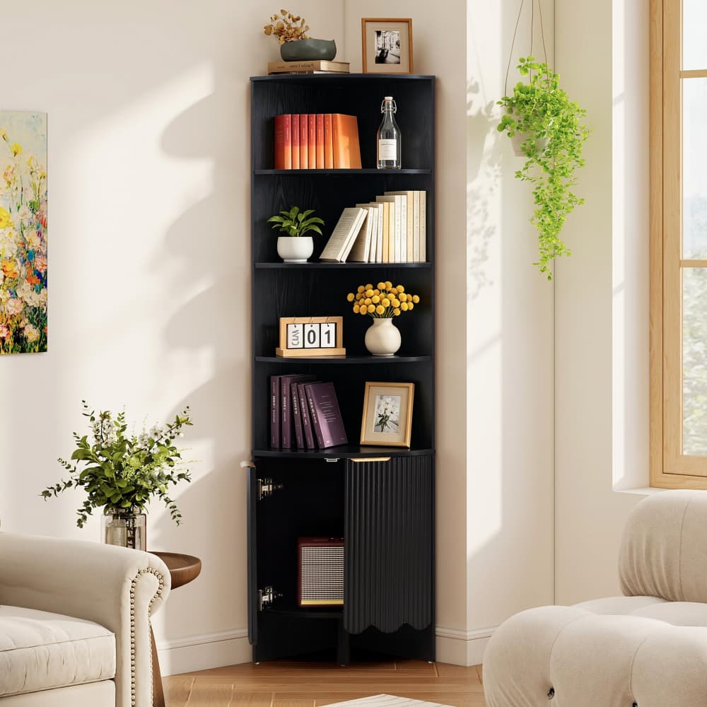 Black 67'' Tall Modern Wooden Fluted Corner Storage Cabinet with Doors