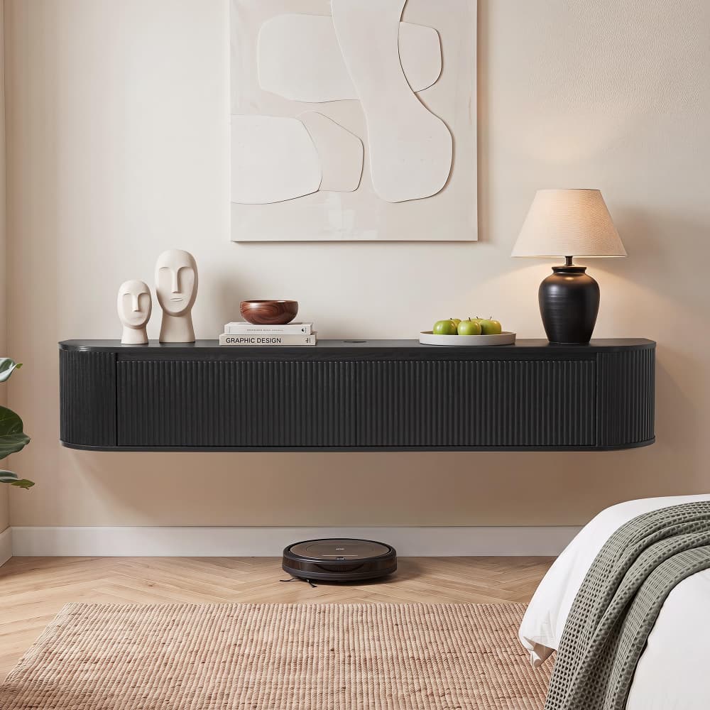 Black 70.8" Modern 2 in 1 Wall Mounted or Freestanding TV Stand with Power Outlet for TVs up to 80"