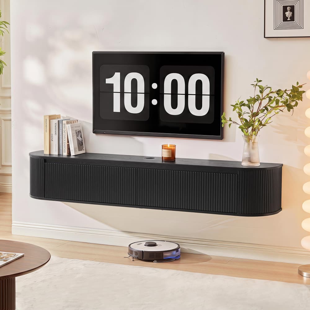 Black 70.8" Modern 2 in 1 Wall Mounted or Freestanding TV Stand with Power Outlet for TVs up to 80"