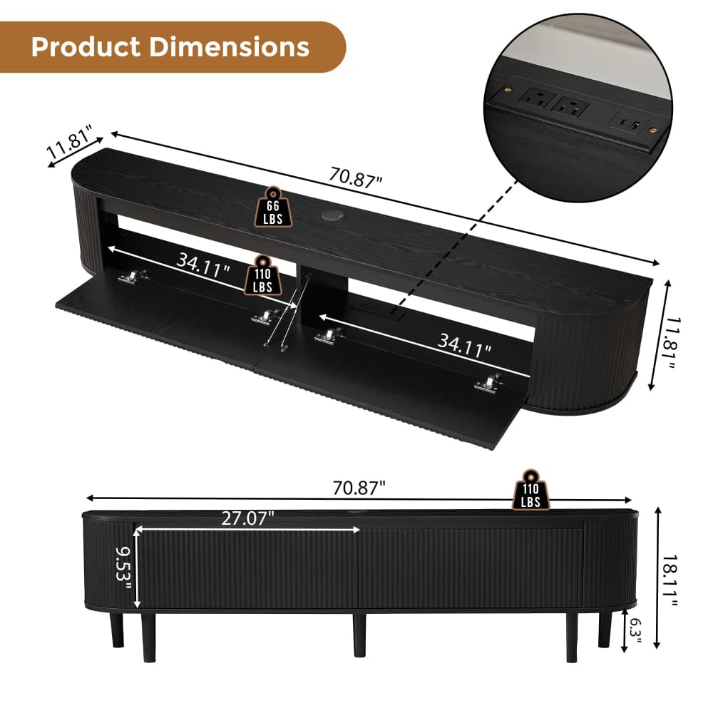 Product dimensions diagram of a black modern TV stand or console table, showing top and front views with labeled measurements, weight, and a circular inset of power outlets on a white background.