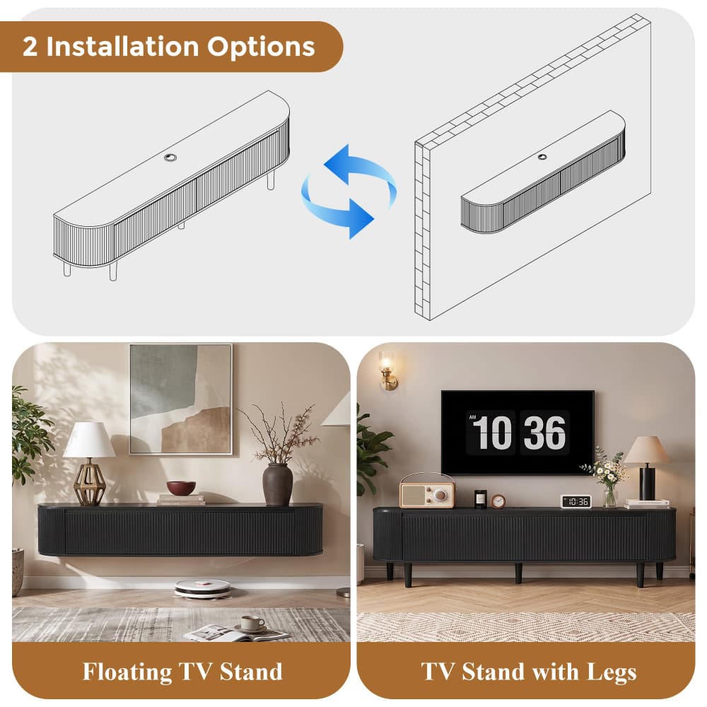 Black 70.8" Modern 2 in 1 Wall Mounted or Freestanding TV Stand with Power Outlet for TVs up to 80"