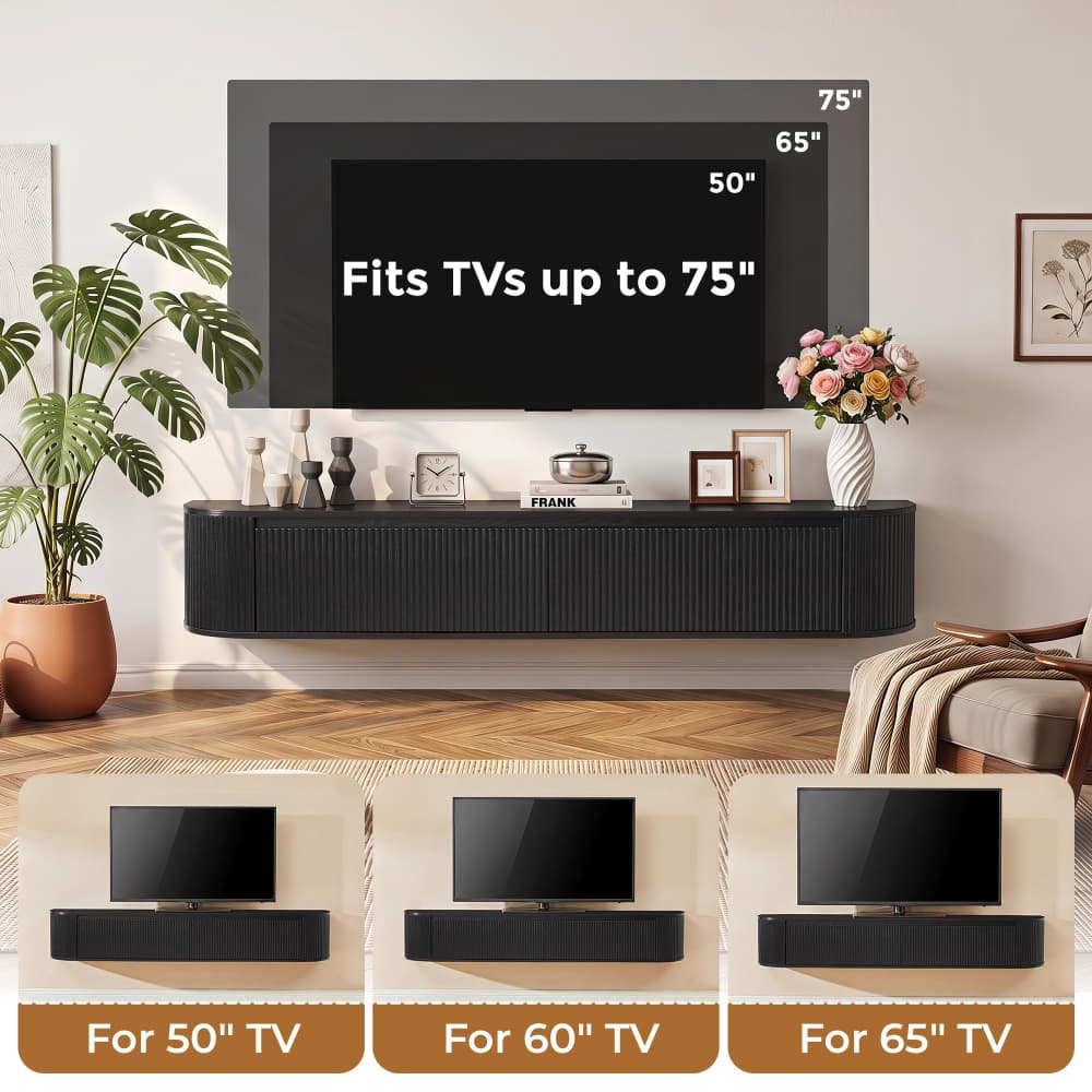 Black 70.8" Modern 2 in 1 Wall Mounted or Freestanding TV Stand with Power Outlet for TVs up to 80"