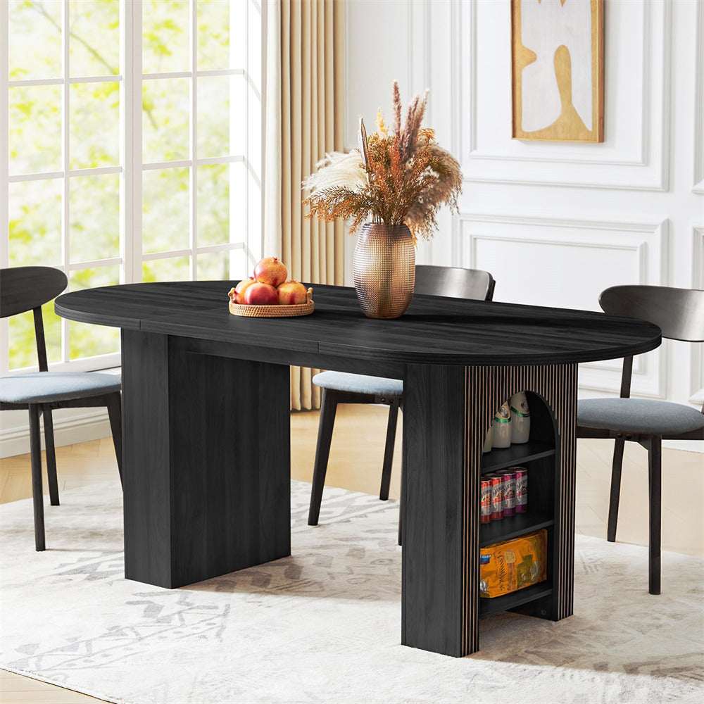 Black dining table with shelves in a room with large windows and decorative elements.