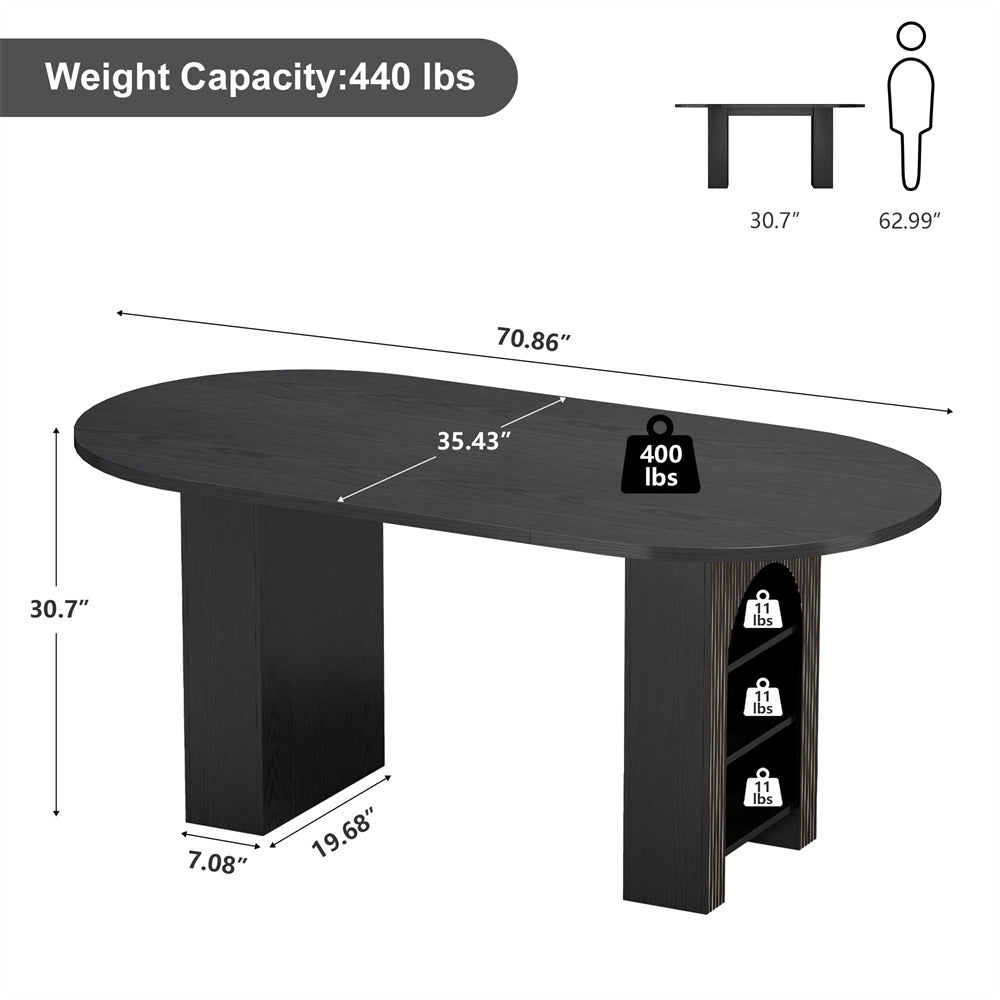 Black dining table with measurements and weight capacity on a white background