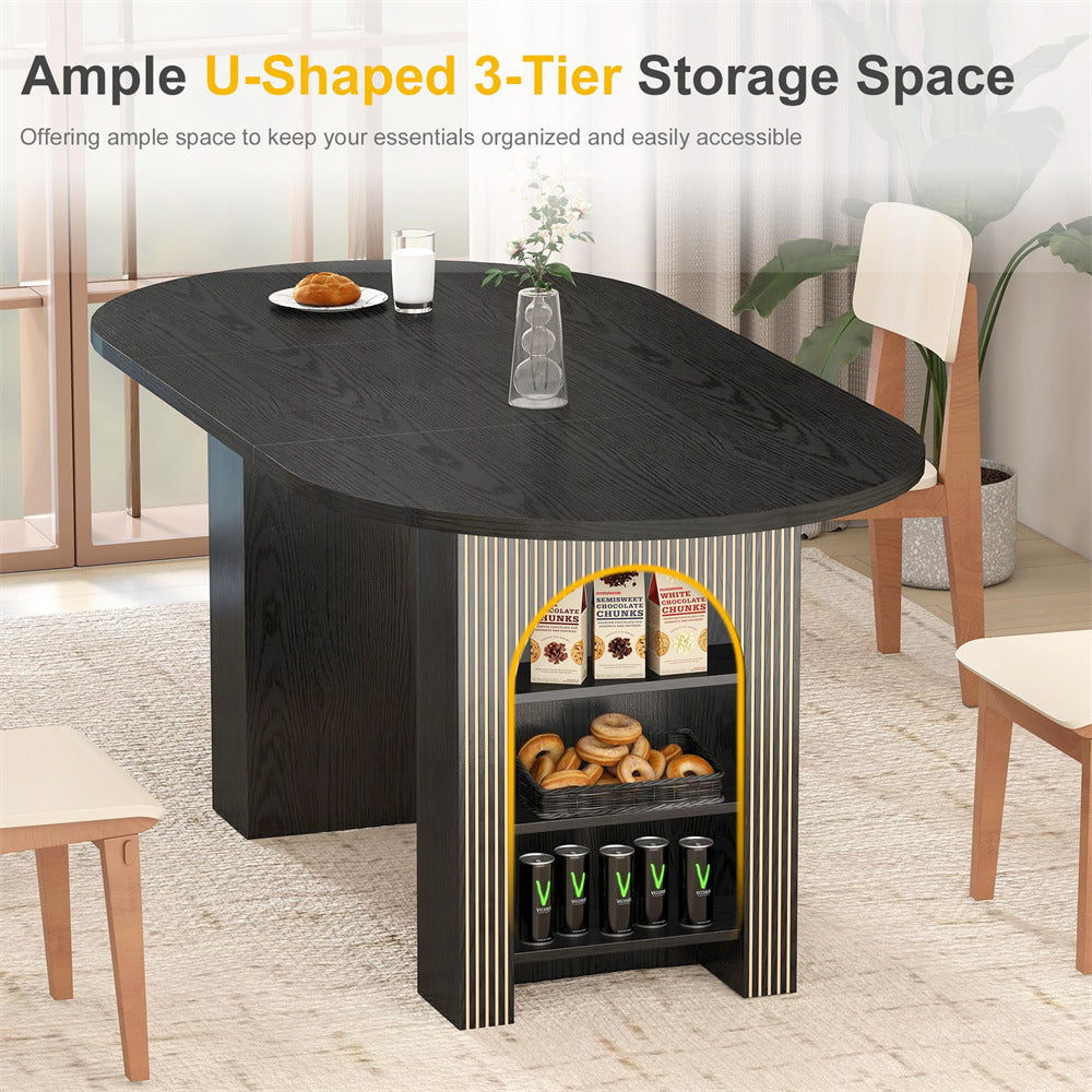 Black U-shaped storage table with shelves in a room setting