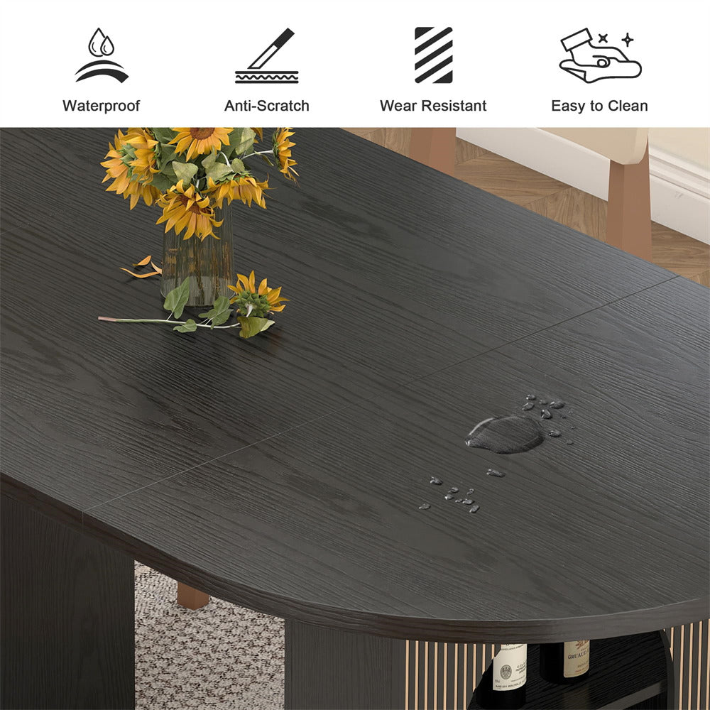 Dark wooden table with a vase of sunflowers and wine bottles, featuring icons for waterproof, anti-scratch, wear-resistant, and easy-to-clean properties.