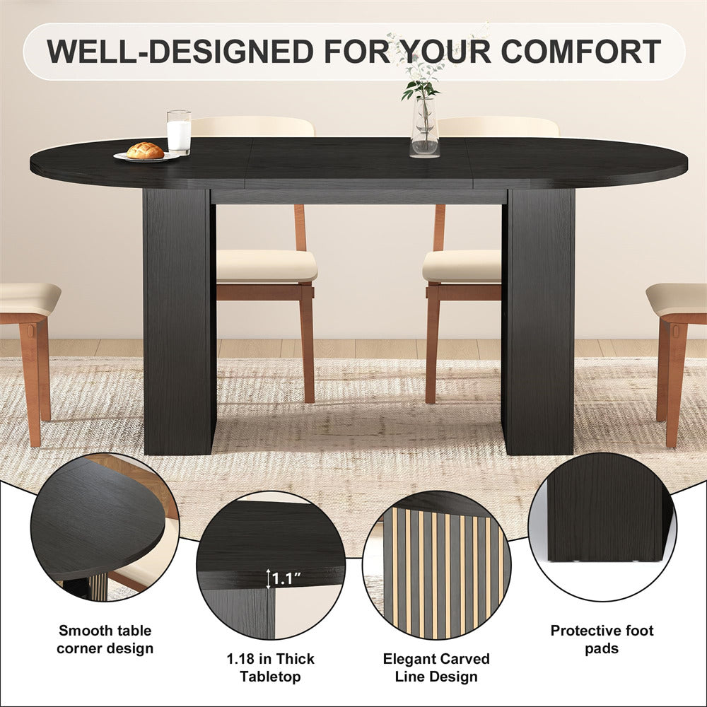 Black dining table with chairs in a room, featuring text 'Well-Designed for Your Comfort' and product details.