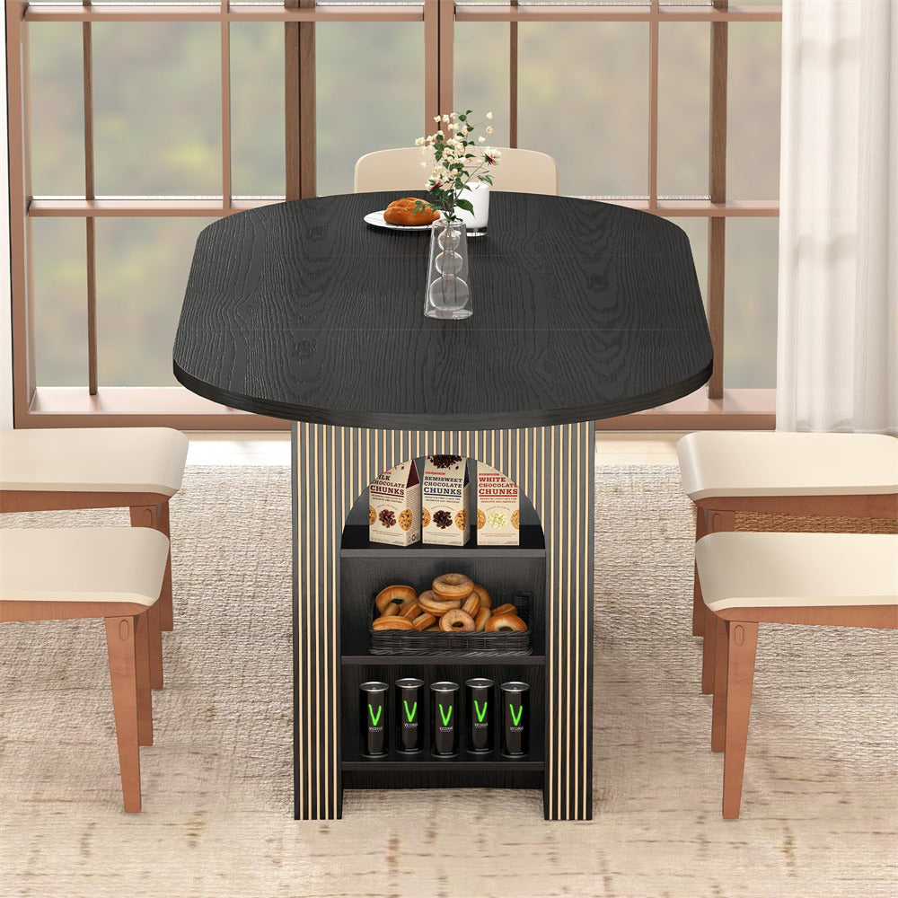 Dining table with a shelf displaying donuts and drinks in a modern interior setting.