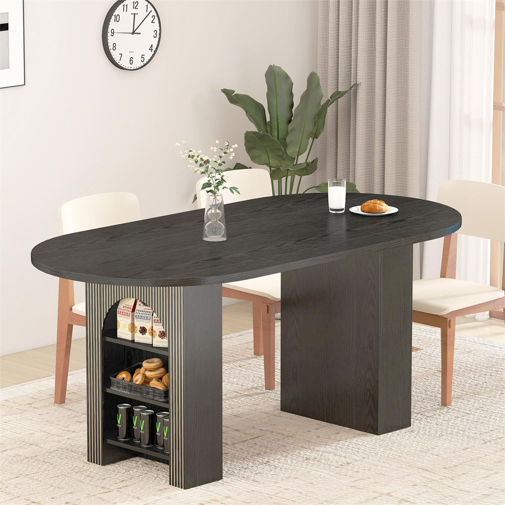 Dining table with storage shelves in a room with chairs and decor