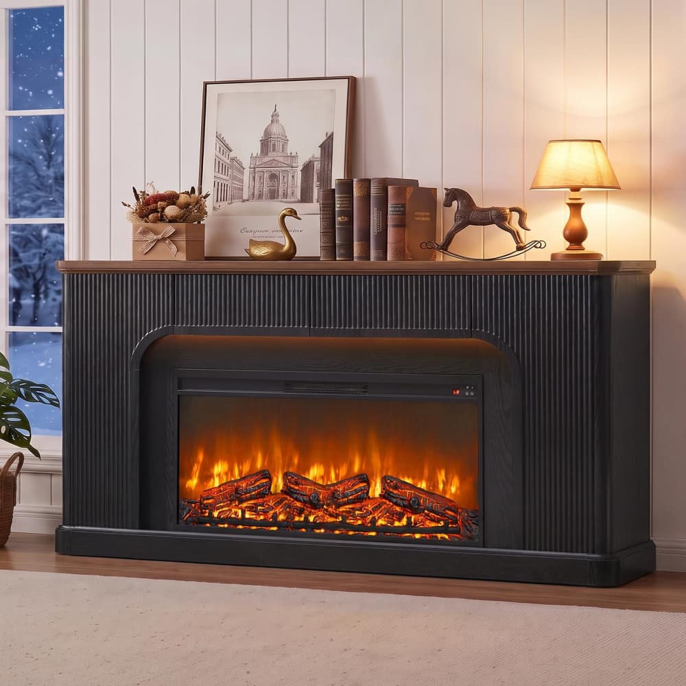 Black 70" Fluted Fireplace TV Stand with 42'' Electric Fireplace for 65, 75, 80 inch TV