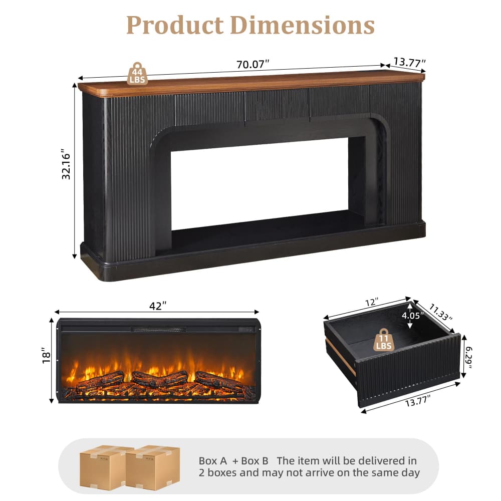 Product dimensions diagram for a fireplace mantel and electric firebox shown with labeled measurements, including the mantel height, mantel width, firebox height, firebox width, and a side view of the firebox base.