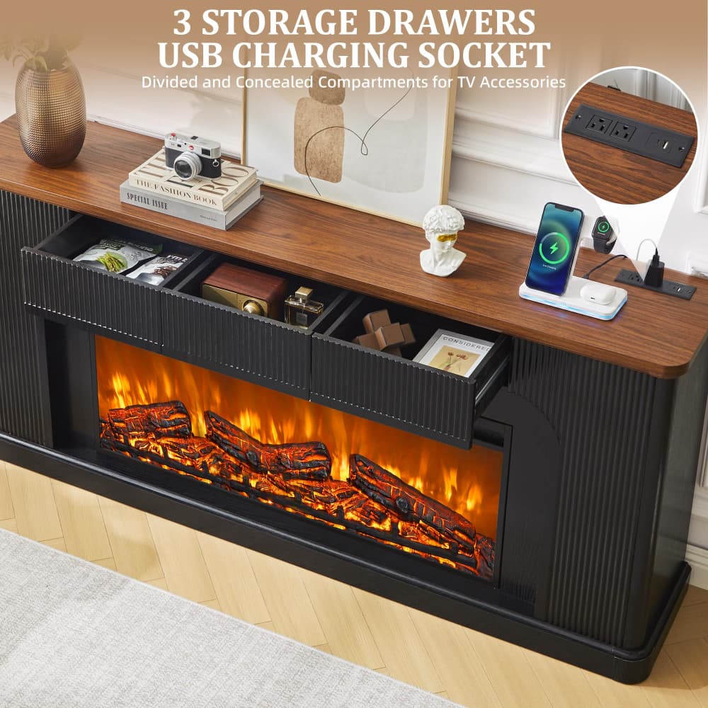 Black electric fireplace TV stand console with a wood-look top, glowing faux logs, three open storage drawers, and a USB charging socket on the side. Text at the top reads '3 STORAGE DRAWERS USB CHARGING SOCKET' with a circular inset showing the charging port detail.
