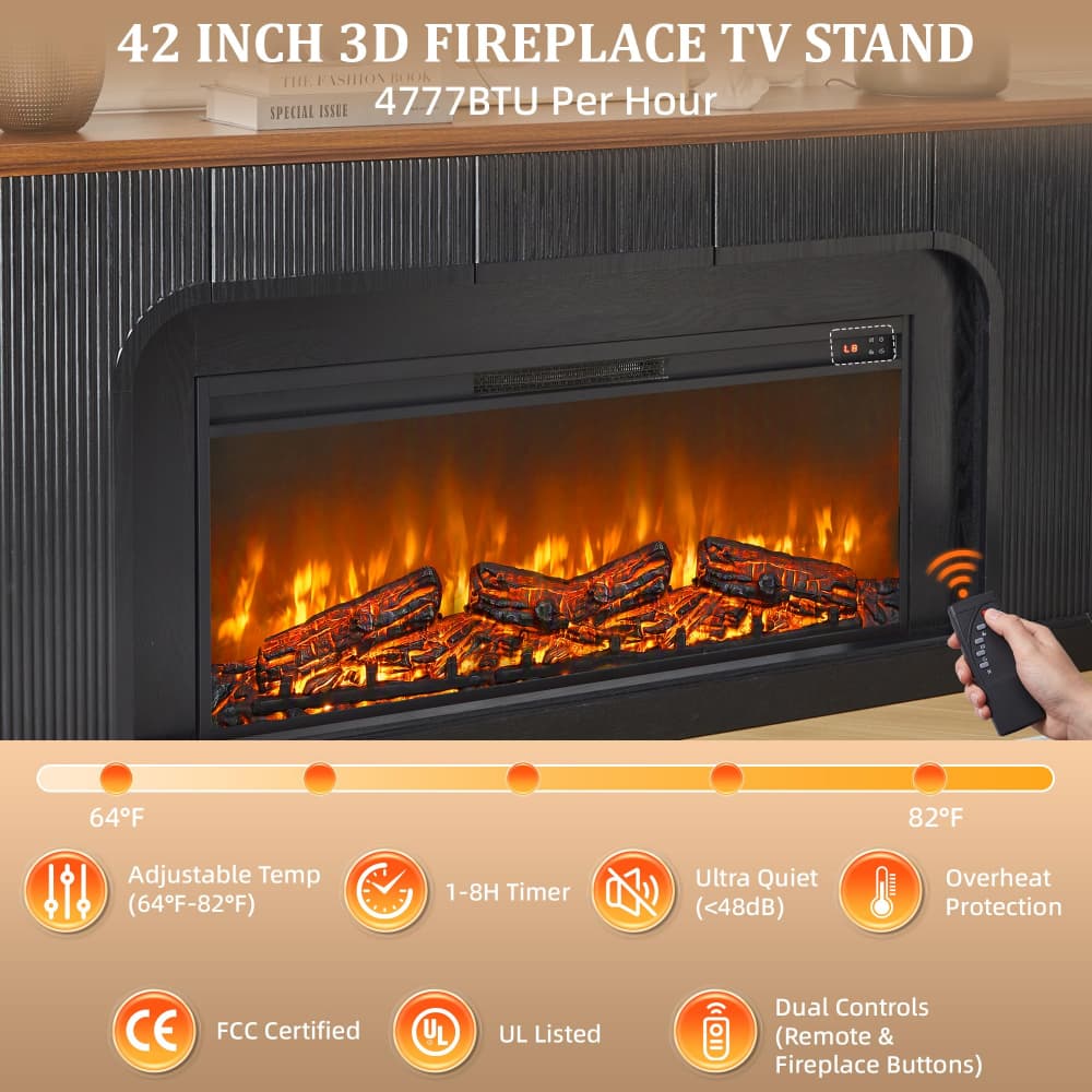 A 42-inch 3D fireplace TV stand shown installed in a fireplace, with glowing faux flames and logs. A hand holds a remote on the right.