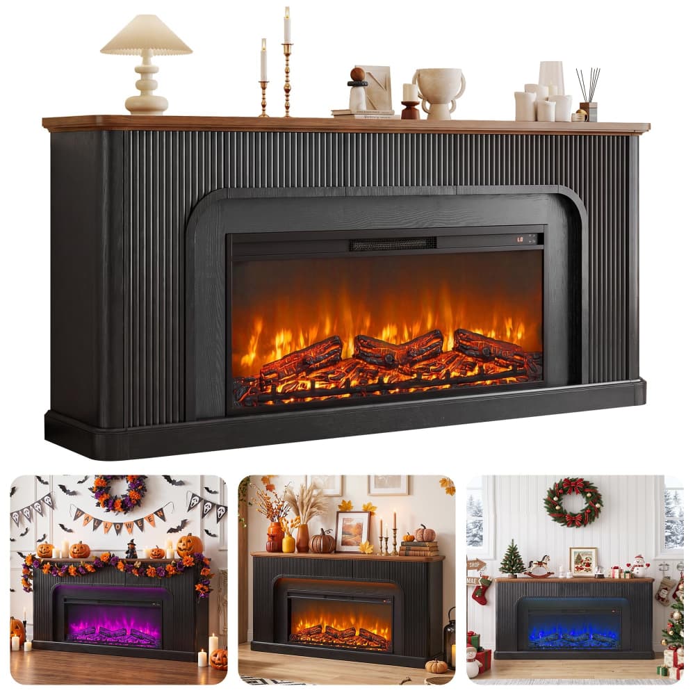 Black electric fireplace mantel with a wood-look top and glowing faux logs inside, shown on a white background with three smaller lifestyle inset photos below showing different flame colors and home decor settings.