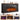 Black electric fireplace mantel with a wood-look top and glowing faux logs inside, shown on a white background with three smaller lifestyle inset photos below showing different flame colors and home decor settings.