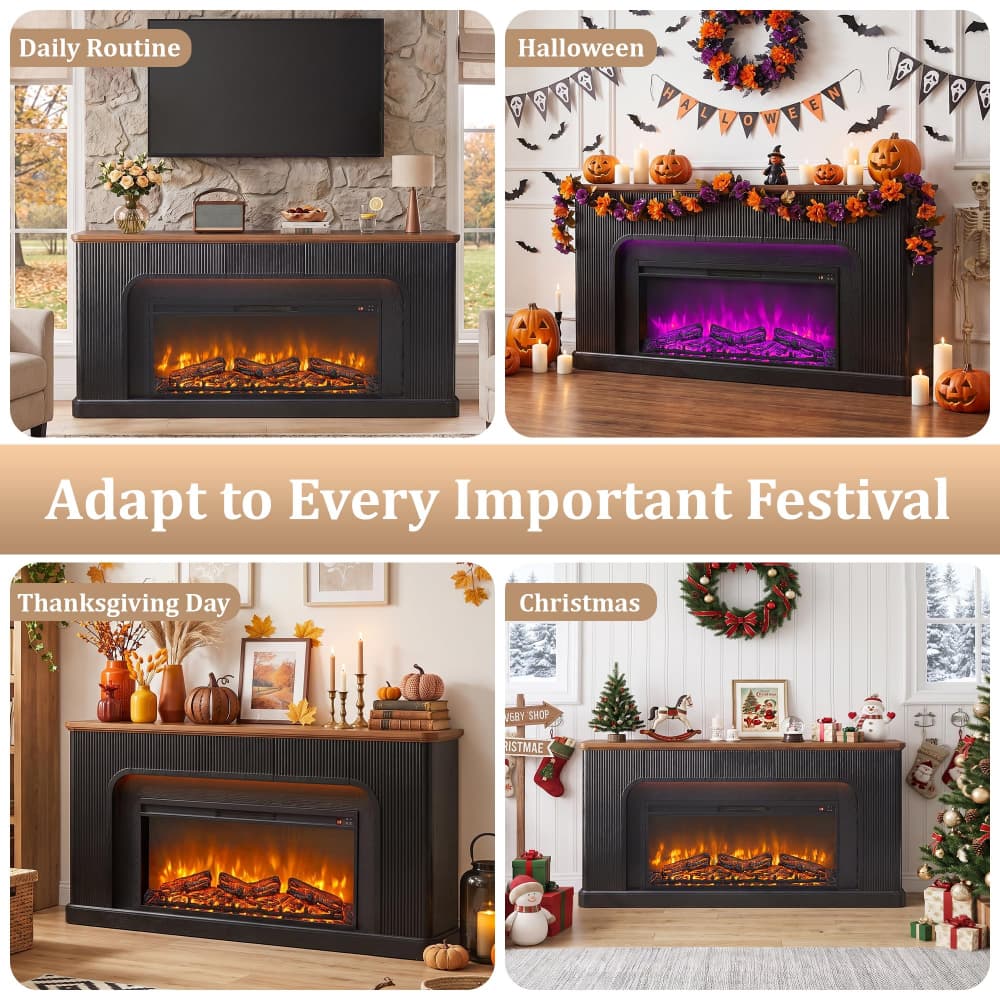 A four-panel promotional collage showing an electric fireplace insert styled for different holidays: Daily Routine, Halloween, Thanksgiving Day, and Christmas. The fireplace has a dark charcoal/black frame with glowing orange and yellow faux flames.