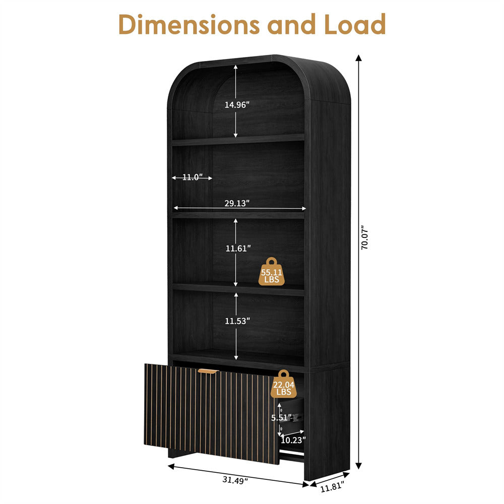 Black bookshelf with dimensions labeled on a white background