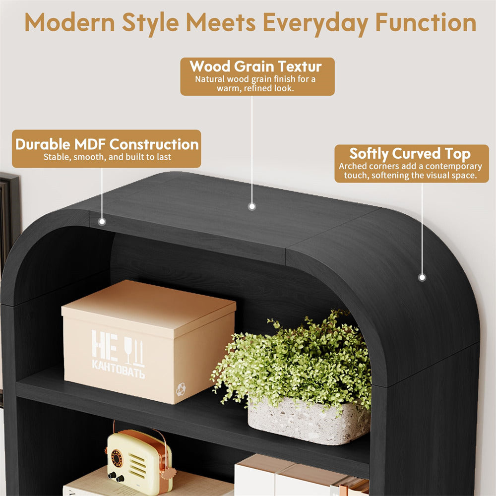 Black shelf with wood grain texture, MDF construction, and softly curved top, featuring a box and plant.