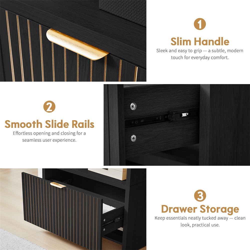 Black drawer with features highlighted, including a slim handle, smooth slide rails, and drawer storage.