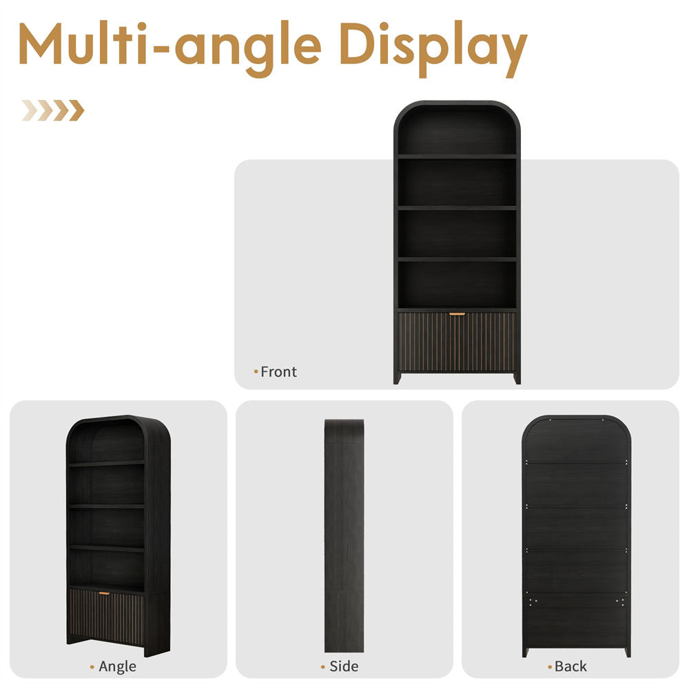 Black bookshelf displayed from multiple angles on a white background