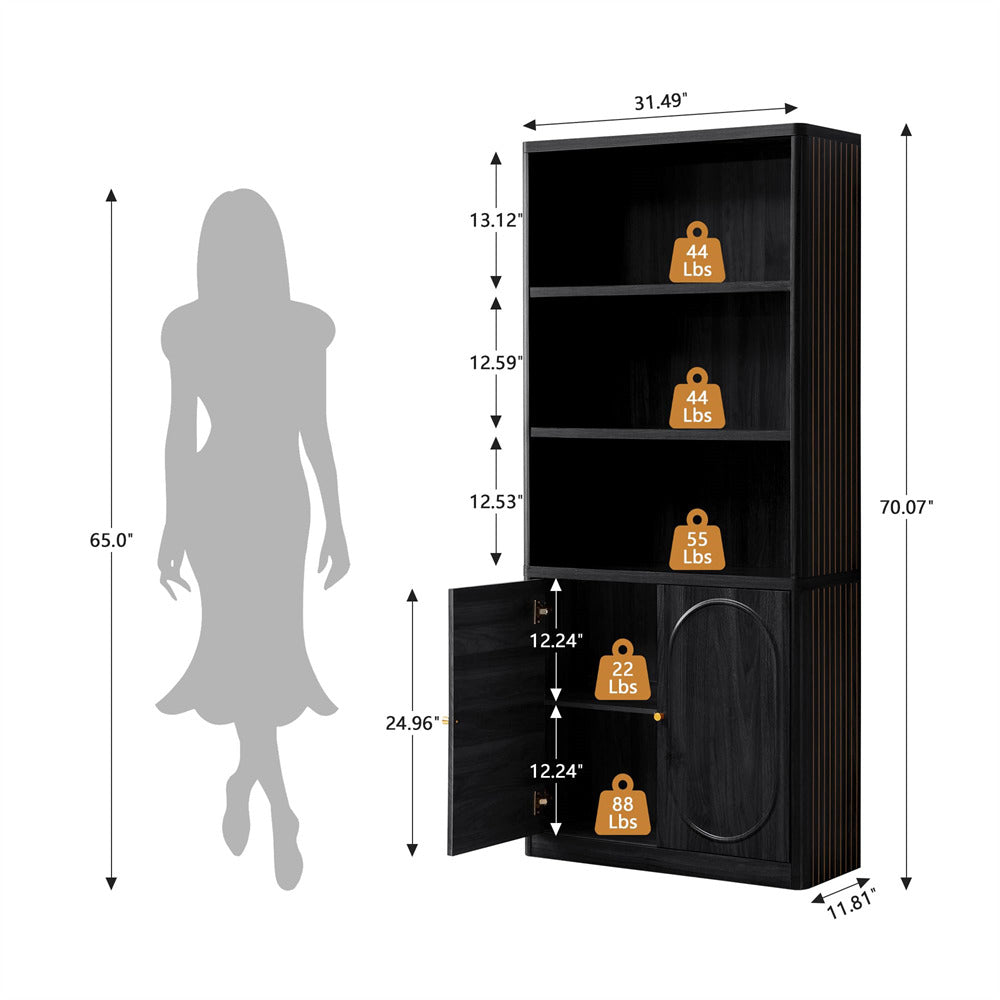 Black bookshelf with measurements and weight indicators, shown with a silhouette of a person for scale.
